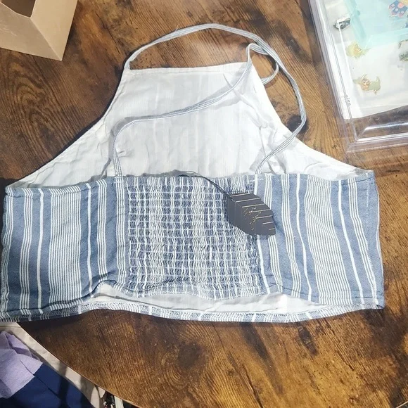 Blue and white stripped crop top with stretchy back size large by American Eagle - Picture 2 of 6